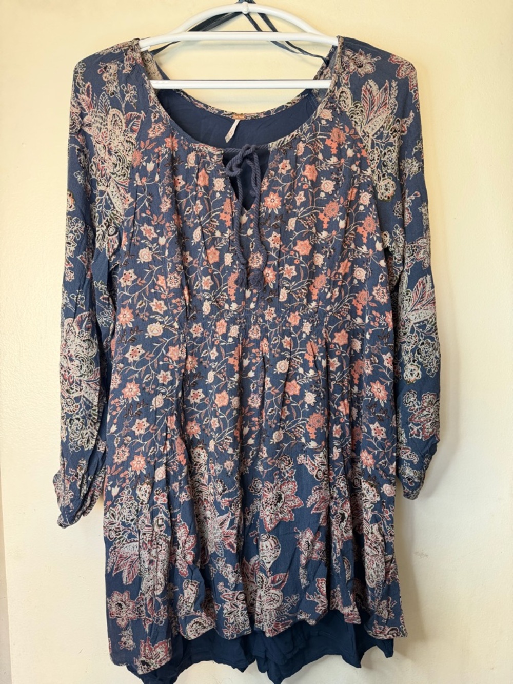Free People Style Blue Floral Boho Tunic Top Flowy Long Sleeve - Picture 2 of 10